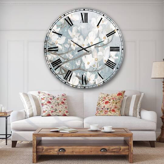 Designart Blue On Gray Blossoms Wall Clock